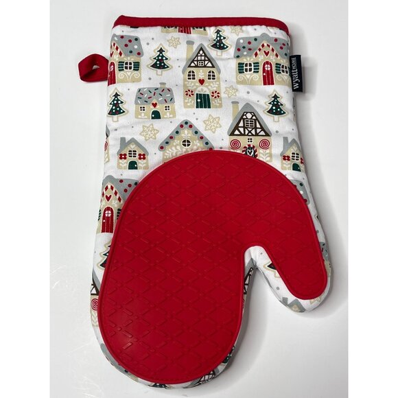 Wyatt Home Christmas Oven Mitt Gingerbread House Pot Holder Glove Red White - Picture 2 of 9